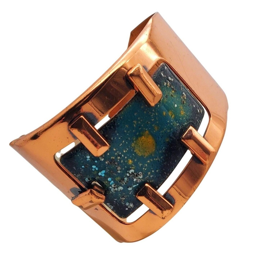 Matisse Renoir Cuff Copper Teal‎ Enamel Bangle Asymmetrical Bracelet Modern MCM - Picture 2 of 9